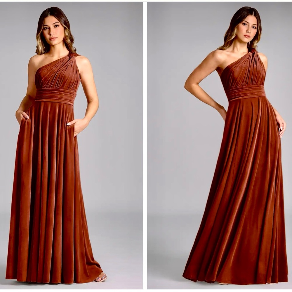 AZAZIE, 12S, Charlize, Terracotta Color, A-Line One Shoulder, Velvet Dress - EUC - Picture 5 of 5